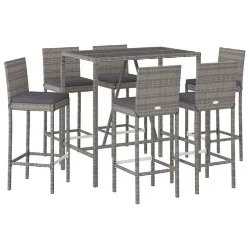  7 részes szürke polyrattan kerti bárszett párnákkal