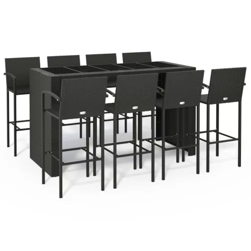  9 részes fekete polyrattan kerti bárszett