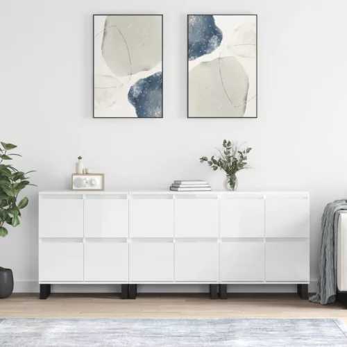  3 db magasfényű fehér szerelt fa tálalószekrény