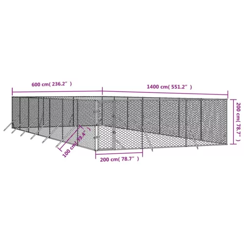  ezüstszínű kültéri horganyzott acél kutyakennel 6 x 14 x 2 m