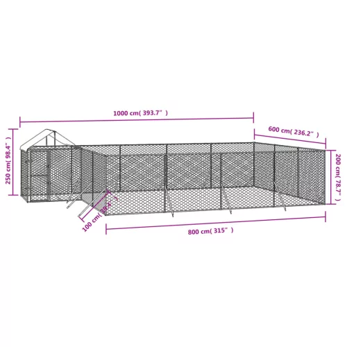  ezüstszínű horganyzott acél kutyakennel tetővel 10x6x2,5 m