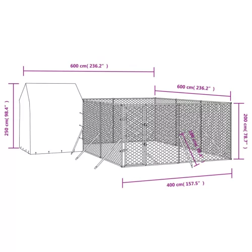  ezüstszínű horganyzott acél kutyakennel tetővel 6x6x2,5 m