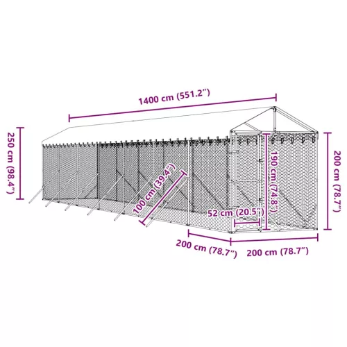  ezüstszínű horganyzott acél kutyakennel tetővel 2x14x2,5 m