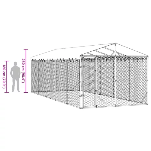  ezüstszínű horganyzott acél kutyakennel tetővel 3x7,5x2,5 m