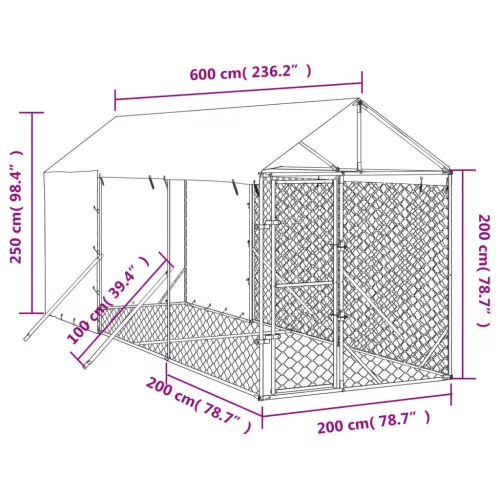  ezüstszínű horganyzott acél kutyakennel tetővel 2x6x2,5 m