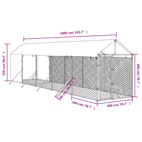  ezüstszínű horganyzott acél kutyakennel tetővel 2x10x2,5 m