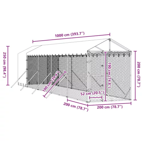  ezüstszínű horganyzott acél kutyakennel tetővel 2x10x2,5 m