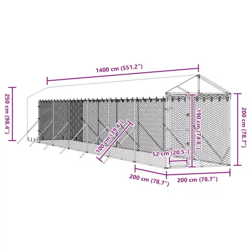  ezüstszínű horganyzott acél kutyakennel tetővel 2x14x2,5 m