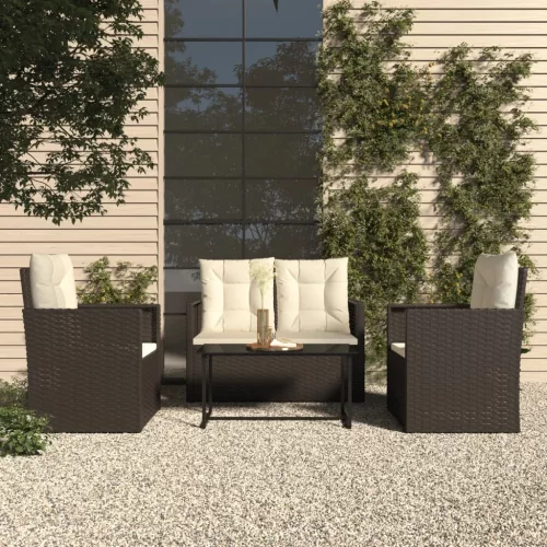  4 részes fekete polyrattan kültéri ülőgarnitúra párnákkal