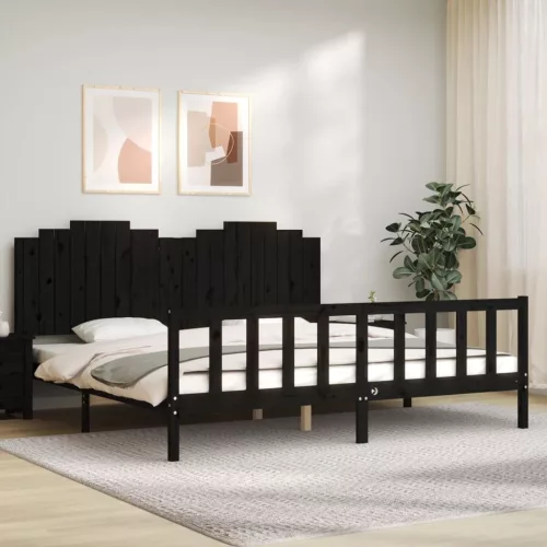  fekete tömör fa ágykeret fejtámlával 200 x 200 cm