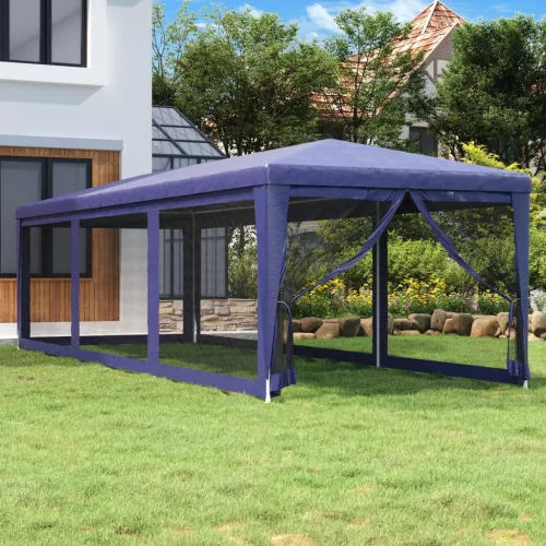  kék HDPE rendezvénysátor 8 hálós oldalfallal 3x9 m