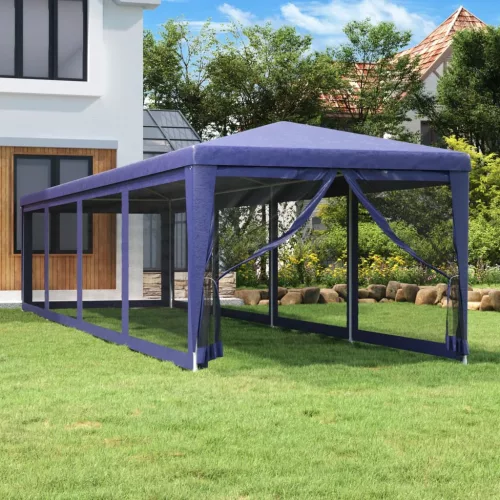  kék HDPE rendezvénysátor 10 hálós oldalfallal 3 x 12 m