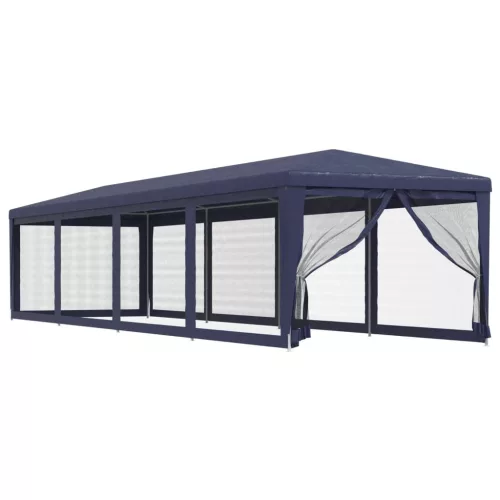  kék HDPE rendezvénysátor 10 hálós oldalfallal 3 x 12 m
