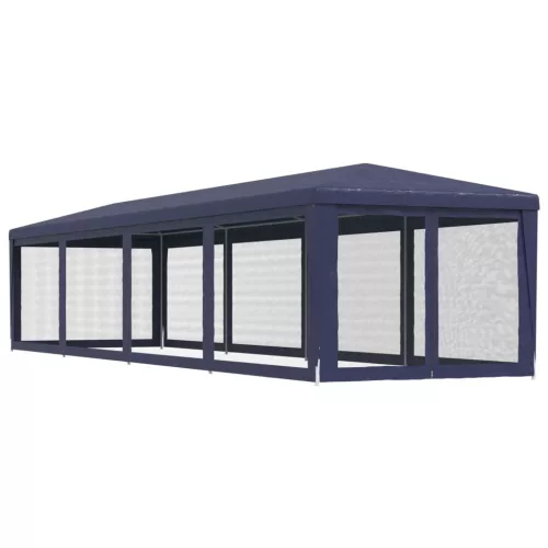  kék HDPE rendezvénysátor 10 hálós oldalfallal 3 x 12 m