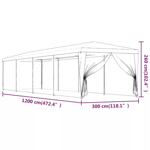  kék HDPE rendezvénysátor 10 hálós oldalfallal 3 x 12 m