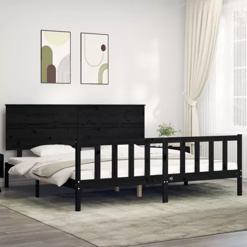 fekete tömör fa ágykeret fejtámlával 200 x 200 cm