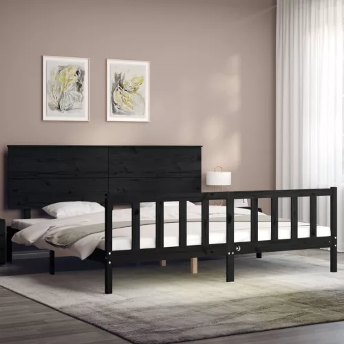  fekete tömör fa ágykeret fejtámlával 200 x 200 cm