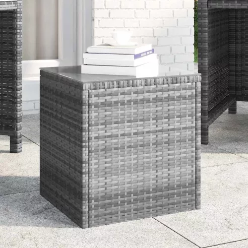  szürke polyrattan és edzett üveg kisasztal 40 x 37 x 40,5 cm
