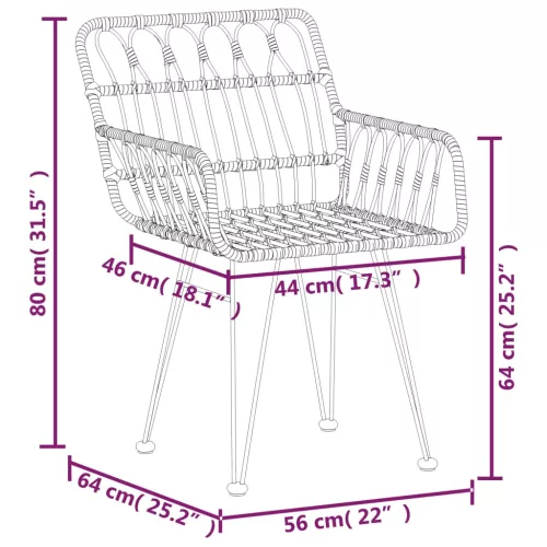  2 db fekete PE rattan karfás kerti szék 56 x 64 x 80 cm