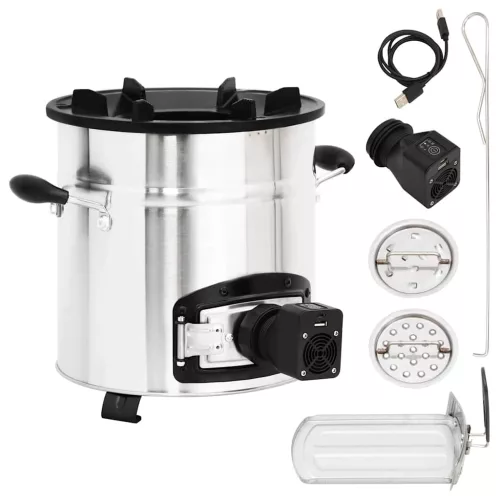  ezüst acél fatüzelésű tűzhely USB-s légfúvóval 35,5x26x28 cm