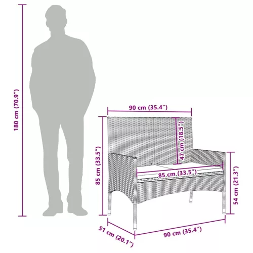  fekete 2 személyes polyrattan kerti pad párnával