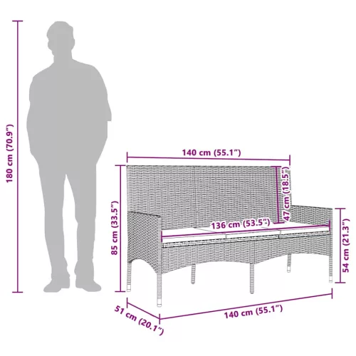  3 személyes barna polyrattan kerti kanapé párnával