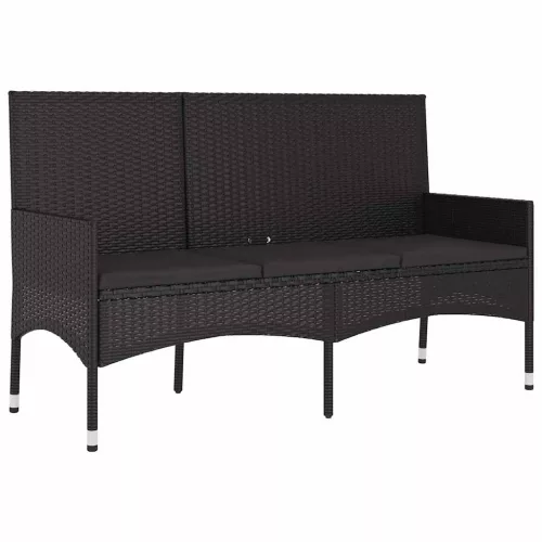  fekete 3 személyes polyrattan kerti pad párnával