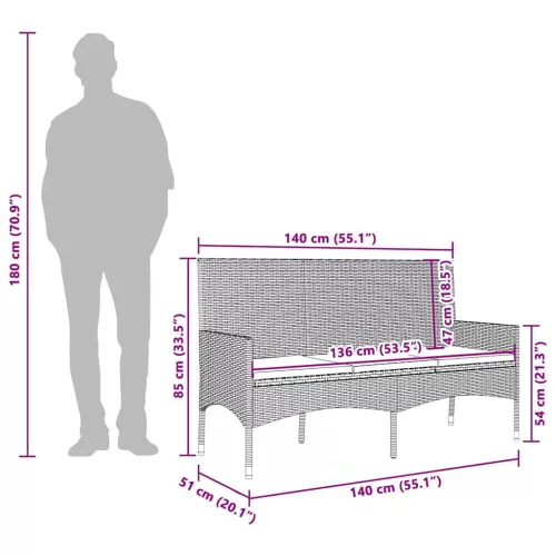  fekete 3 személyes polyrattan kerti pad párnával