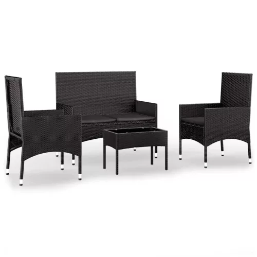  4 részes fekete polyrattan kerti ülőgarnitúra párnákkal