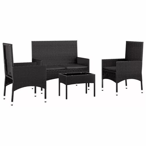  4 részes fekete polyrattan kerti ülőgarnitúra párnákkal