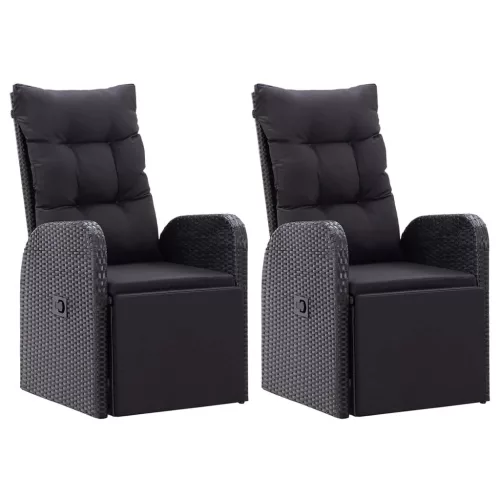  2 db fekete polyrattan dönthető kerti szék párnával