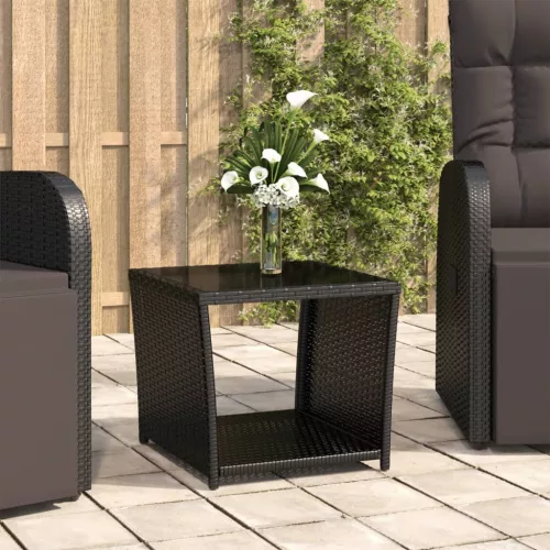  fekete polyrattan és edzett üveg teázóasztal üveglappal