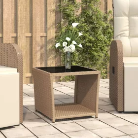    bézs polyrattan és edzett üveg teázóasztal üveg lappal