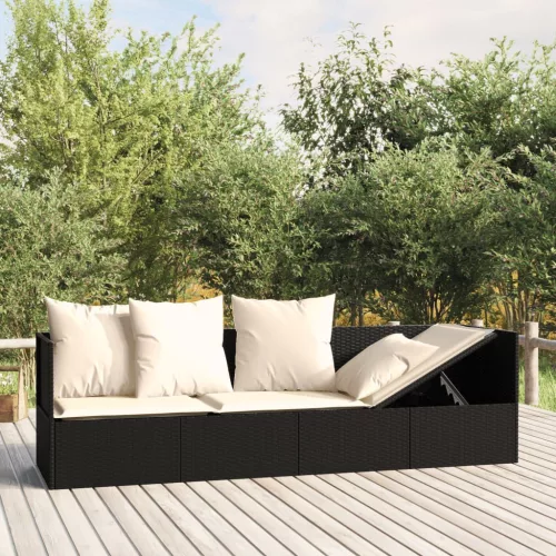  fekete polyrattan kültéri társalgókanapé párnákkal