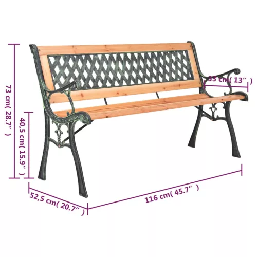  öntöttvas és tömör fenyőfa kerti pad 116 cm