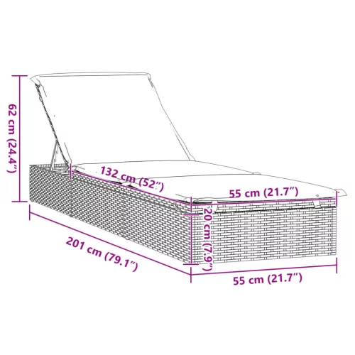  1 db fekete polyrattan napozóágy párnával 201 x 55 x 62 cm
