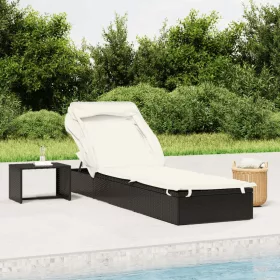    fekete polyrattan napozóágy összecsukható tetővel 213x63x97 cm