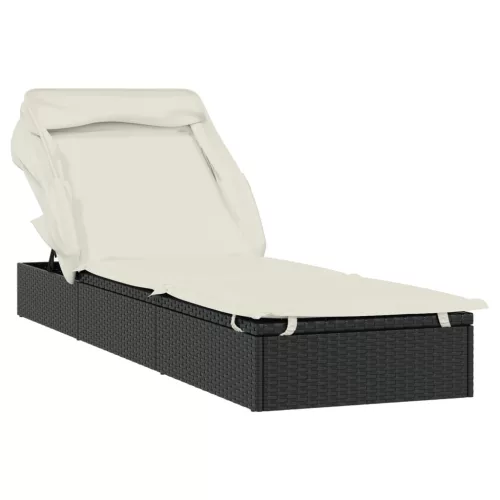  fekete polyrattan napozóágy összecsukható tetővel 213x63x97 cm