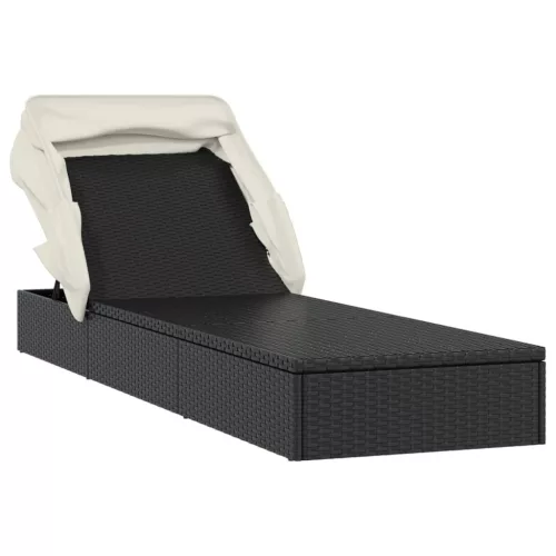  fekete polyrattan napozóágy összecsukható tetővel 213x63x97 cm
