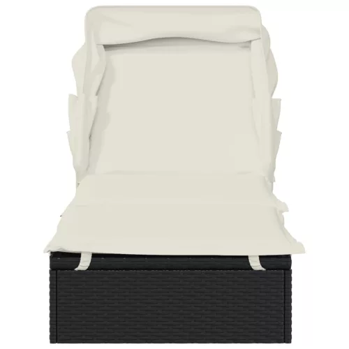  fekete polyrattan napozóágy összecsukható tetővel 213x63x97 cm