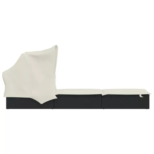  fekete polyrattan napozóágy összecsukható tetővel 213x63x97 cm