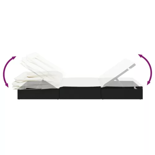  fekete polyrattan napozóágy összecsukható tetővel 213x63x97 cm