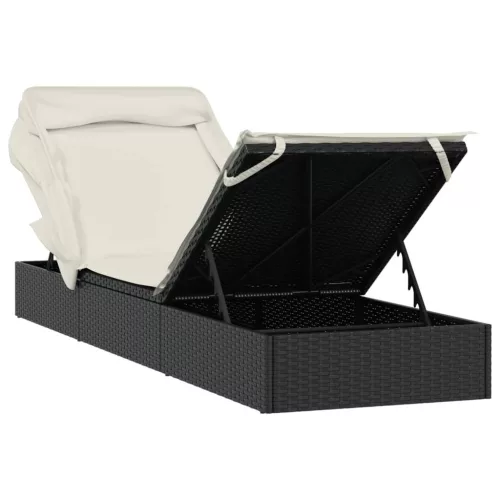  fekete polyrattan napozóágy összecsukható tetővel 213x63x97 cm