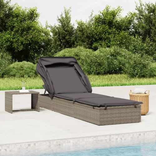  szürke polyrattan napozóágy összecsukható tetővel 213x63x97 cm