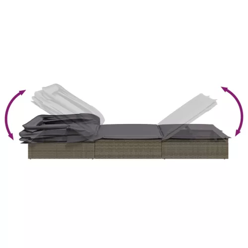  szürke polyrattan napozóágy összecsukható tetővel 213x63x97 cm