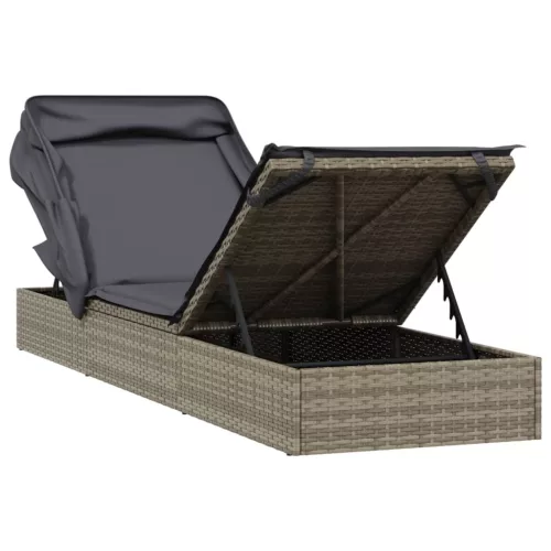  szürke polyrattan napozóágy összecsukható tetővel 213x63x97 cm