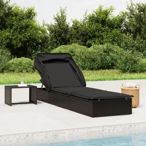  fekete polyrattan napozóágy összecsukható tetővel 213x63x97 cm