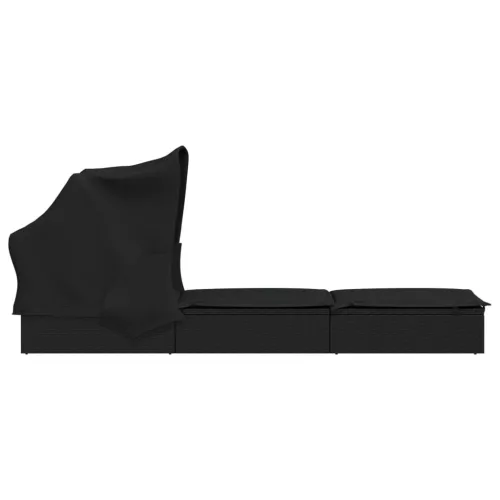  fekete polyrattan napozóágy összecsukható tetővel 213x63x97 cm