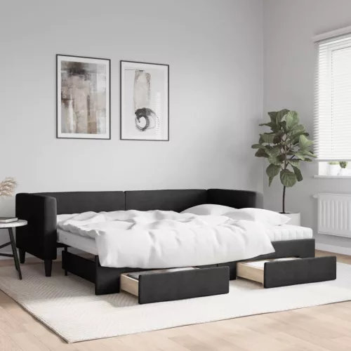  fekete kihúzható szövet heverő fiókokkal 80 x 200 cm