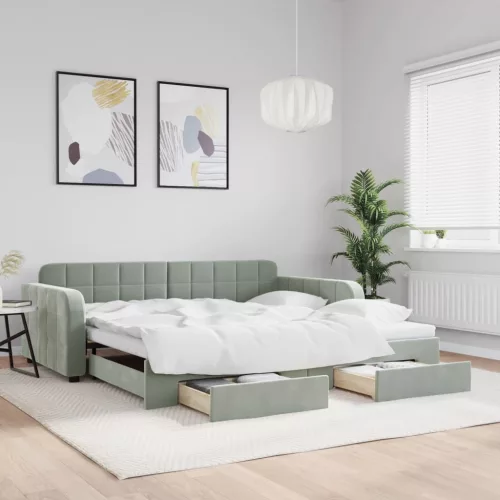  világosszürke kihúzható bársony heverő fiókkal 100 x 200 cm
